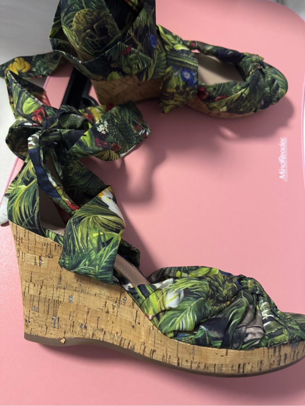 Tropical Print Cork Wedge Sandals - Green